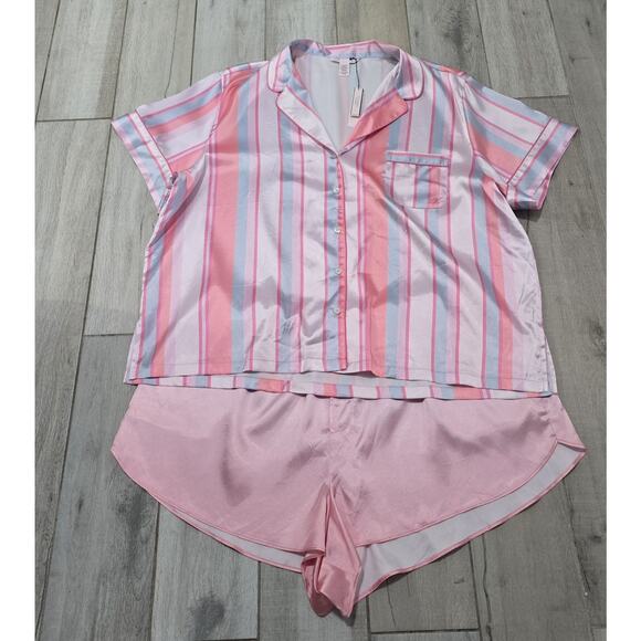Victorias Secret Satin Pajama Set Pink Striped Button top Shorts Sleepwear XXL - Picture 8 of 13